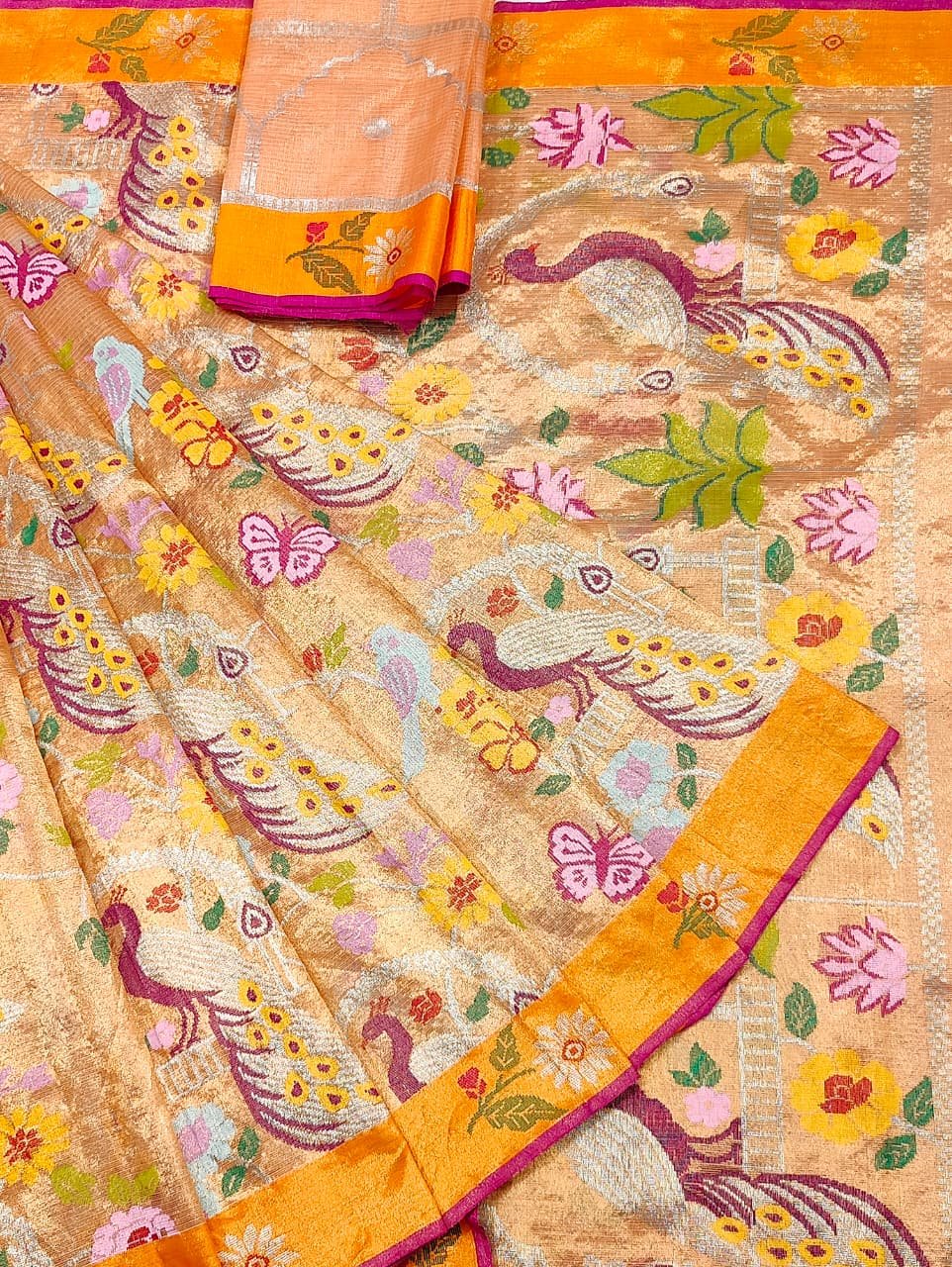 PURE GOLD DUBBLE TISSUE ALL OVER JAAL ZARIKOTA HANDLOOM SAREE_T-383