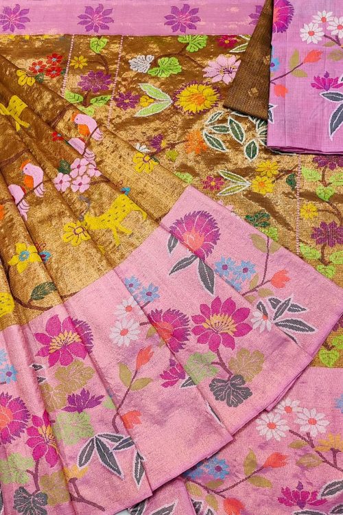 PURE GOLD DUBBLE TISSUE BIG PAITHANI BORDER WITH ALL OVER JAAL ZARIKOTA HANDLOOM SAREE_T-390