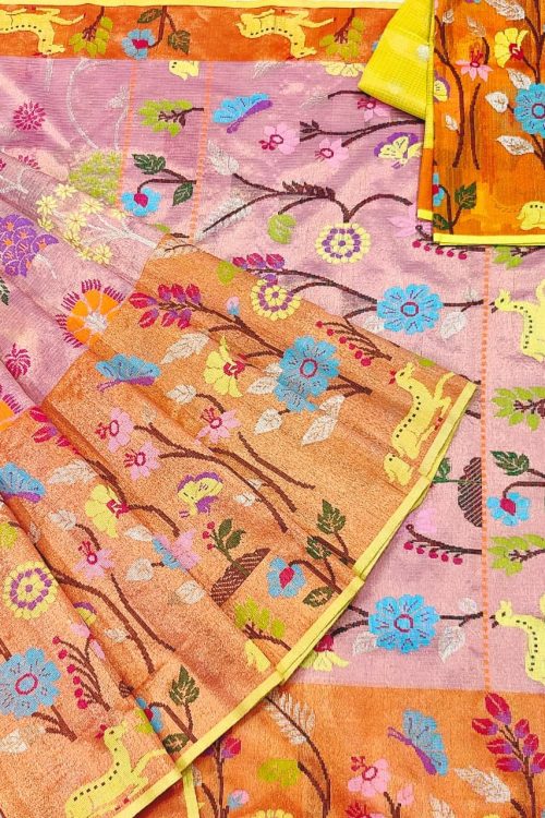 PURE GOLD DUBBLE TISSUE BIG PAITHANI BORDER WITH ALL OVER JAAL ZARIKOTA HANDLOOM SAREE_T-393