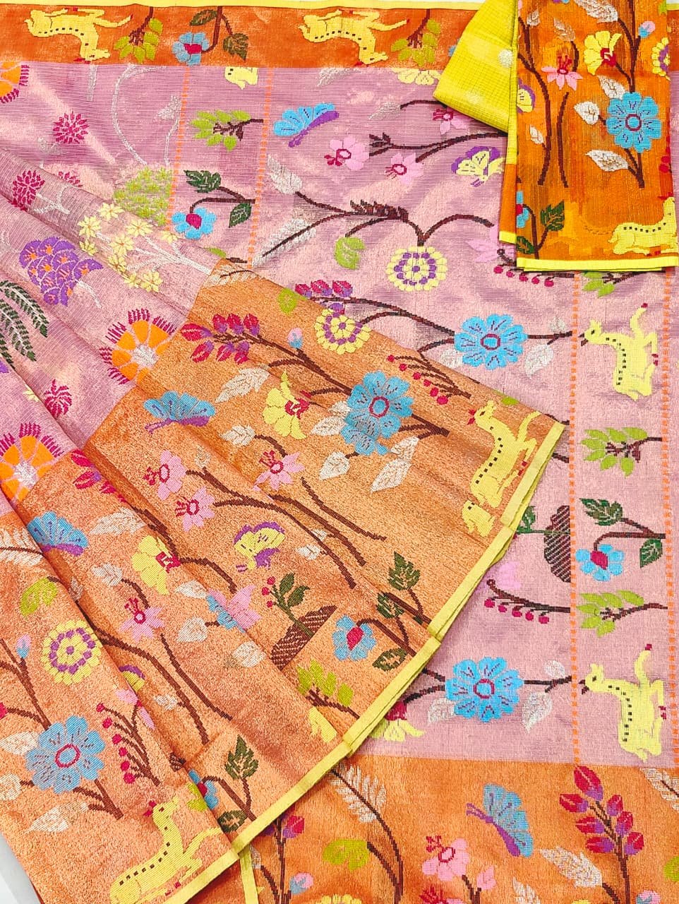 PURE GOLD DUBBLE TISSUE BIG PAITHANI BORDER WITH ALL OVER JAAL ZARIKOTA HANDLOOM SAREE_T-393
