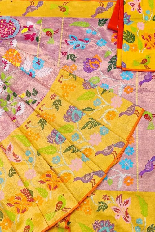 PURE GOLD DUBBLE TISSUE BIG PAITHANI BORDER WITH ALL OVER JAAL ZARIKOTA HANDLOOM SAREE_T-396