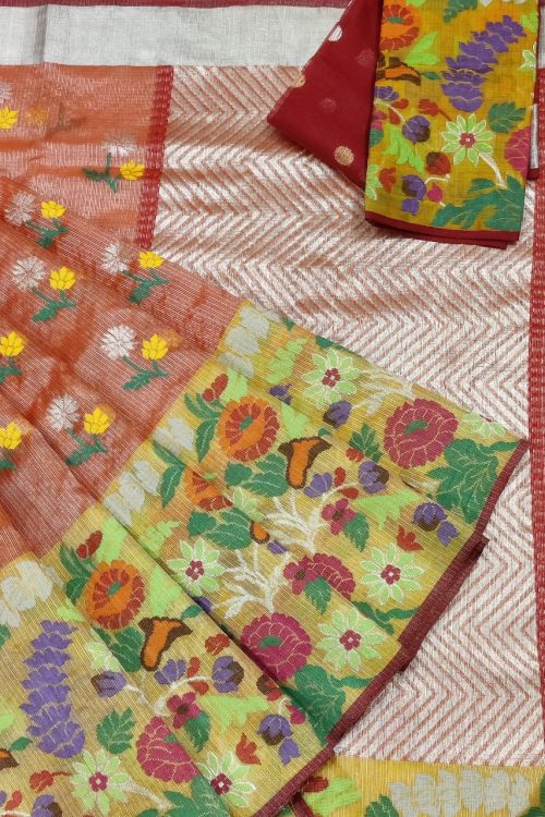 PURE SILVER TISSUE BIG PAITHANI BORDER ZARIKOTA HANDLOOM SAREE WITH BLOUSE_T-238