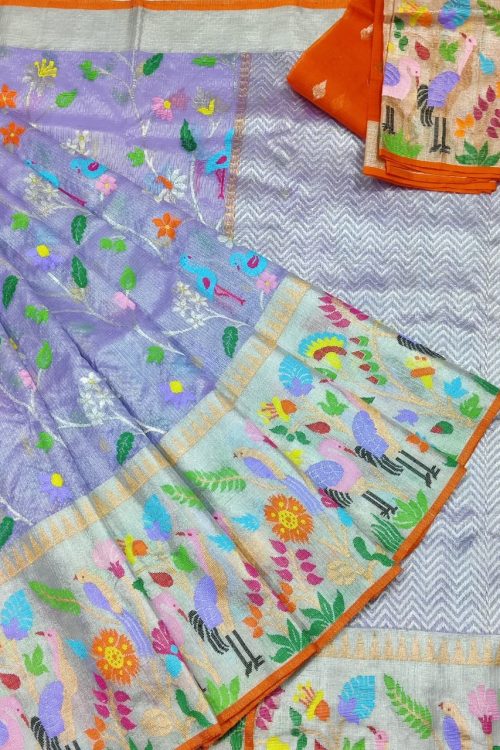 PURE SILVER TISSUE BIG PAITHANI BORDER ZARIKOTA HANDLOOM SAREE WITH BLOUSE_T-242