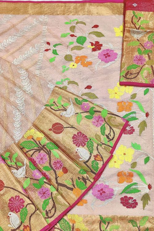 PURE GOLD TISSUE BIG PAITHANI BORDER WITH ALL OVER JAAL ZARIKOTA HANDLOOM SAREE WITH BLOUSE_T-256