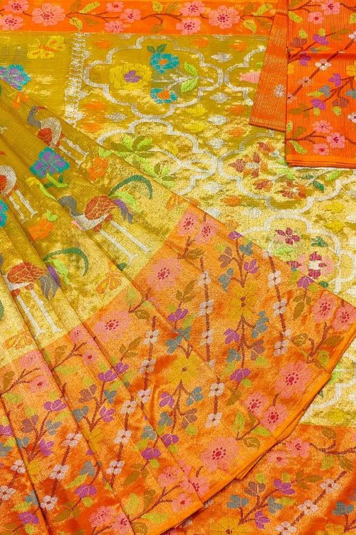 PURE GOLD DUBBLE TISSUE BIG PAITHANI BORDER WITH ALL OVER JAAL ZARIKOTA HANDLOOM SAREE_T-411