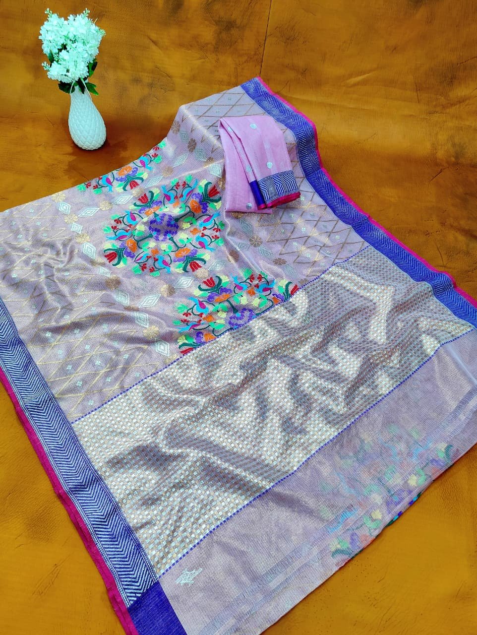 PURE GOLD TISSUE ALL OVER JAAL WITH BOTH SIDE KANCHI BORDER ZARIKOTA HANDLOOM SAREE WITH BLOUSE_T-257