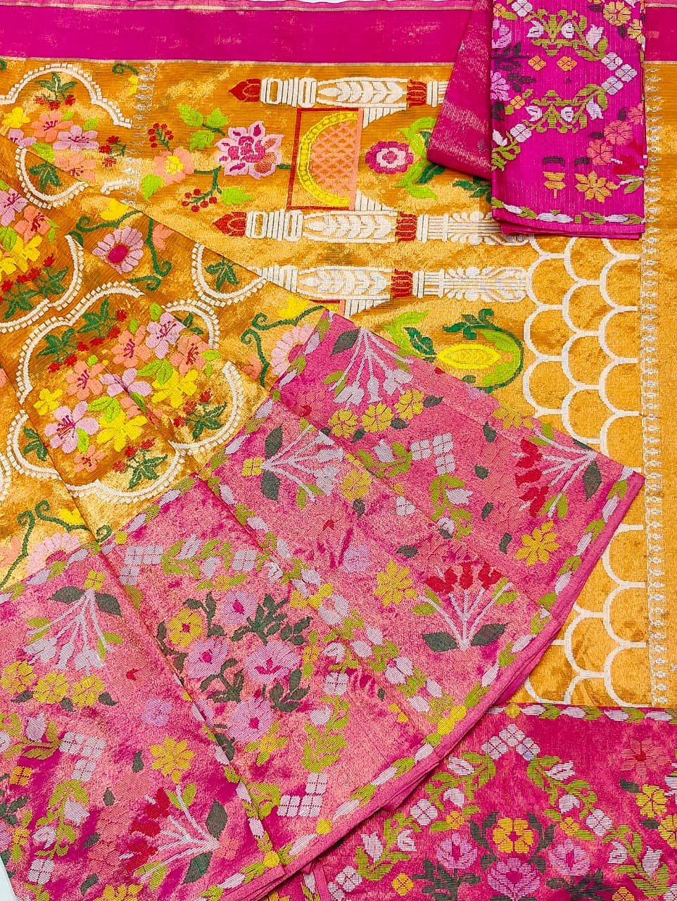 PURE GOLD DUBBLE TISSUE BIG PAITHANI BORDER WITH ALL OVER JAAL ZARIKOTA HANDLOOM SAREE_T-427