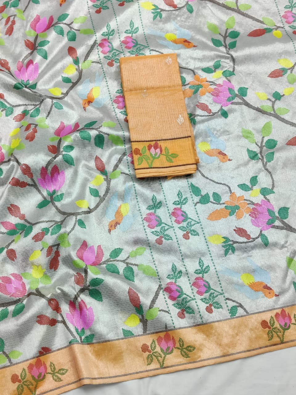 PURE SILVER DUBBLE TISSUE ALL OVER JAAL ZARIKOTA HANDLOOM SAREE_T-436 - Image 2
