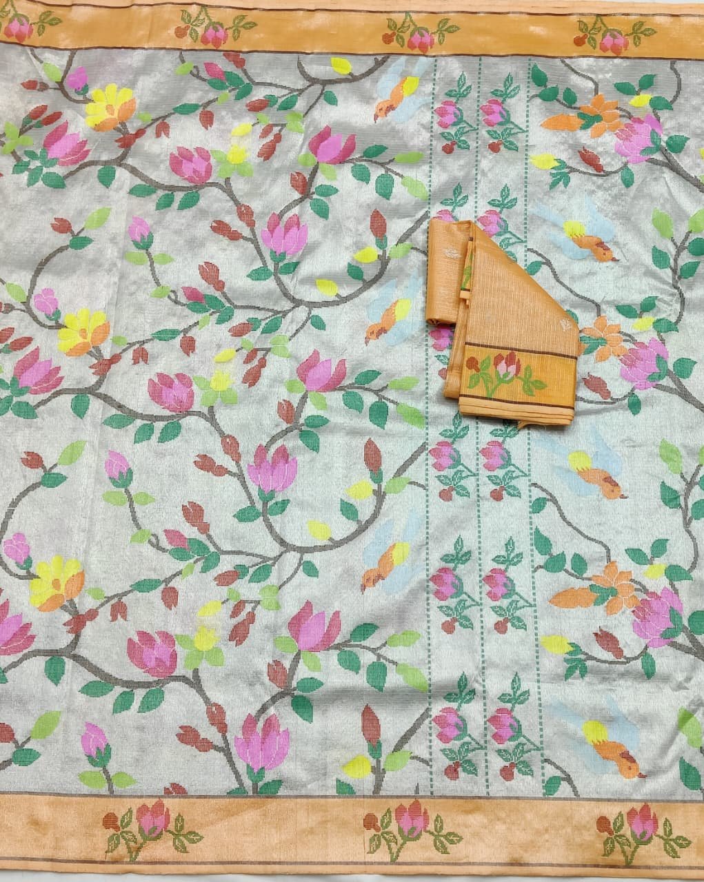 PURE SILVER DUBBLE TISSUE ALL OVER JAAL ZARIKOTA HANDLOOM SAREE_T-436 - Image 3