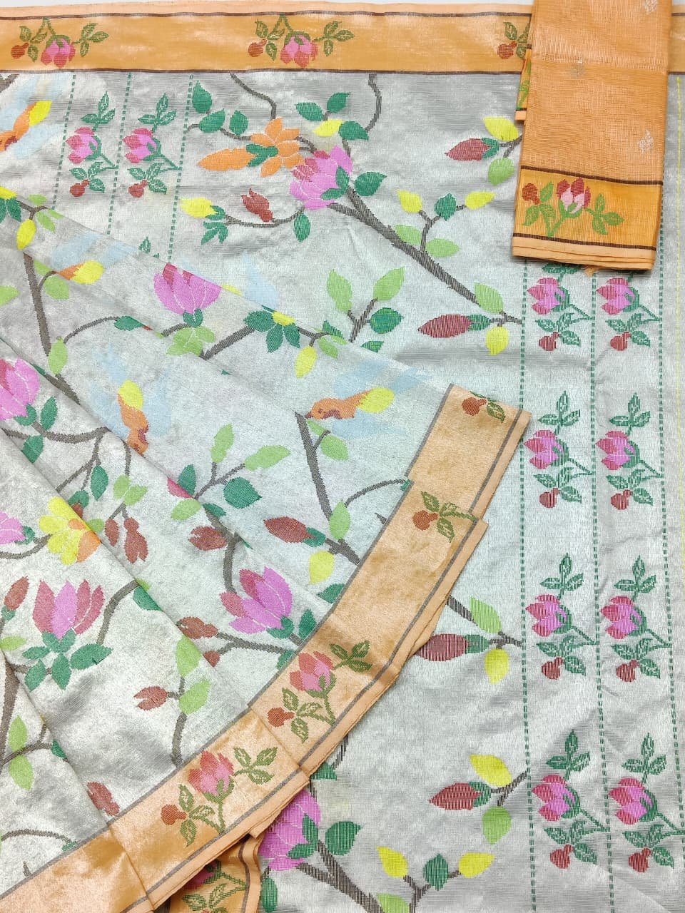 PURE SILVER DUBBLE TISSUE ALL OVER JAAL ZARIKOTA HANDLOOM SAREE_T-436