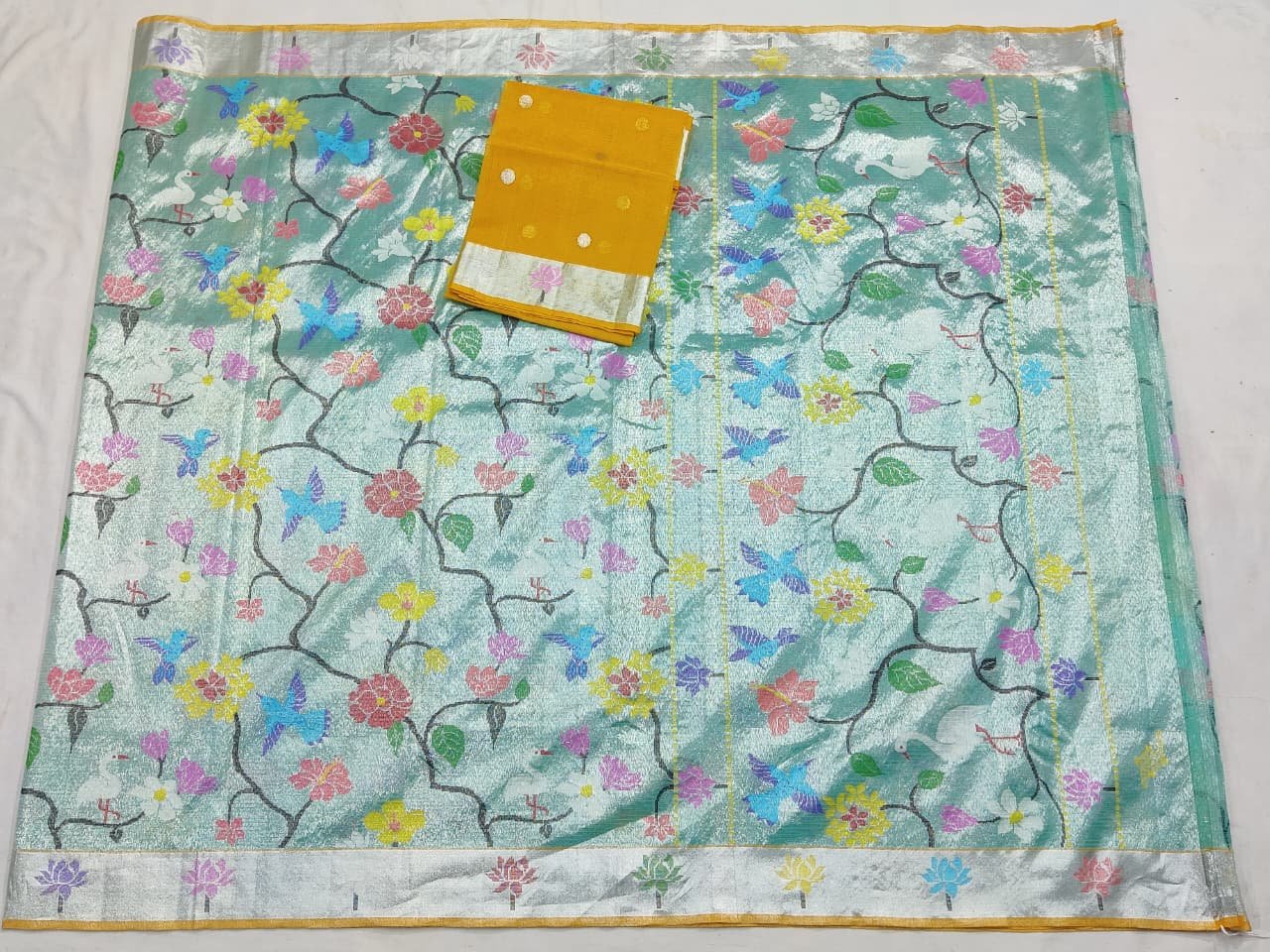 PURE SILVER DUBBLE TISSUE ALL OVER JAAL ZARIKOTA HANDLOOM SAREE_T-442 - Image 4