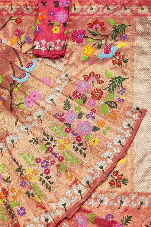 PURE GOLD DUBBLE TISSUE BIG PAITHANI BORDER WITH ALL OVER JAAL ZARIKOTA HANDLOOM SAREE_T-462