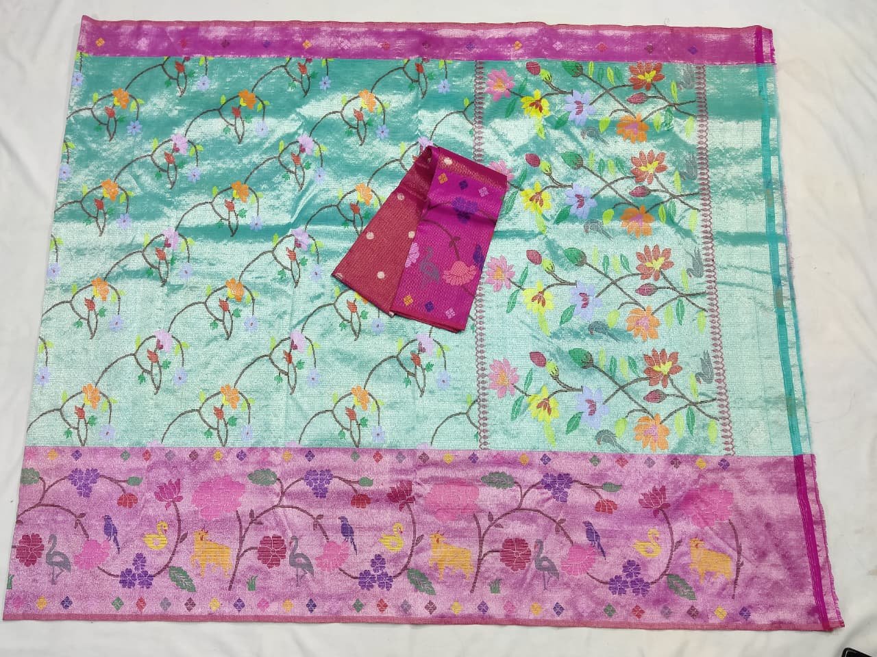 PURE SILVER DUBBLE TISSUE BIG PAITHANI BORDER WOTH ALL OVER JAAL ZARIKOTA HANDLOOM SAREE_T-448 - Image 4