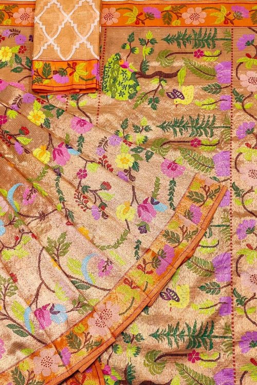 PURE GOLD DUBBLE TISSUE ALL OVER JAAL WITH BOTH SIDES PAITHANI BORDER ZARIKOTA HANDLOOM SAREE_T-453