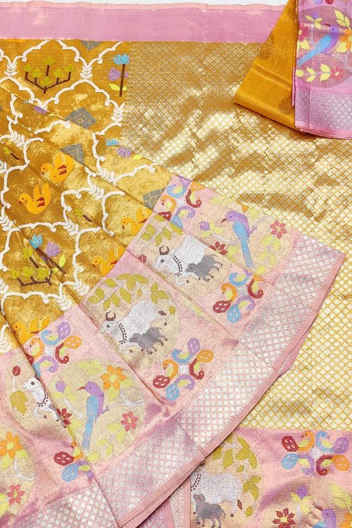 PURE GOLD DUBBLE TISSUE BIG PAITHANI BORDER WITH ALL OVER JAAL ZARIKOTA HANDLOOM SAREE_T-454