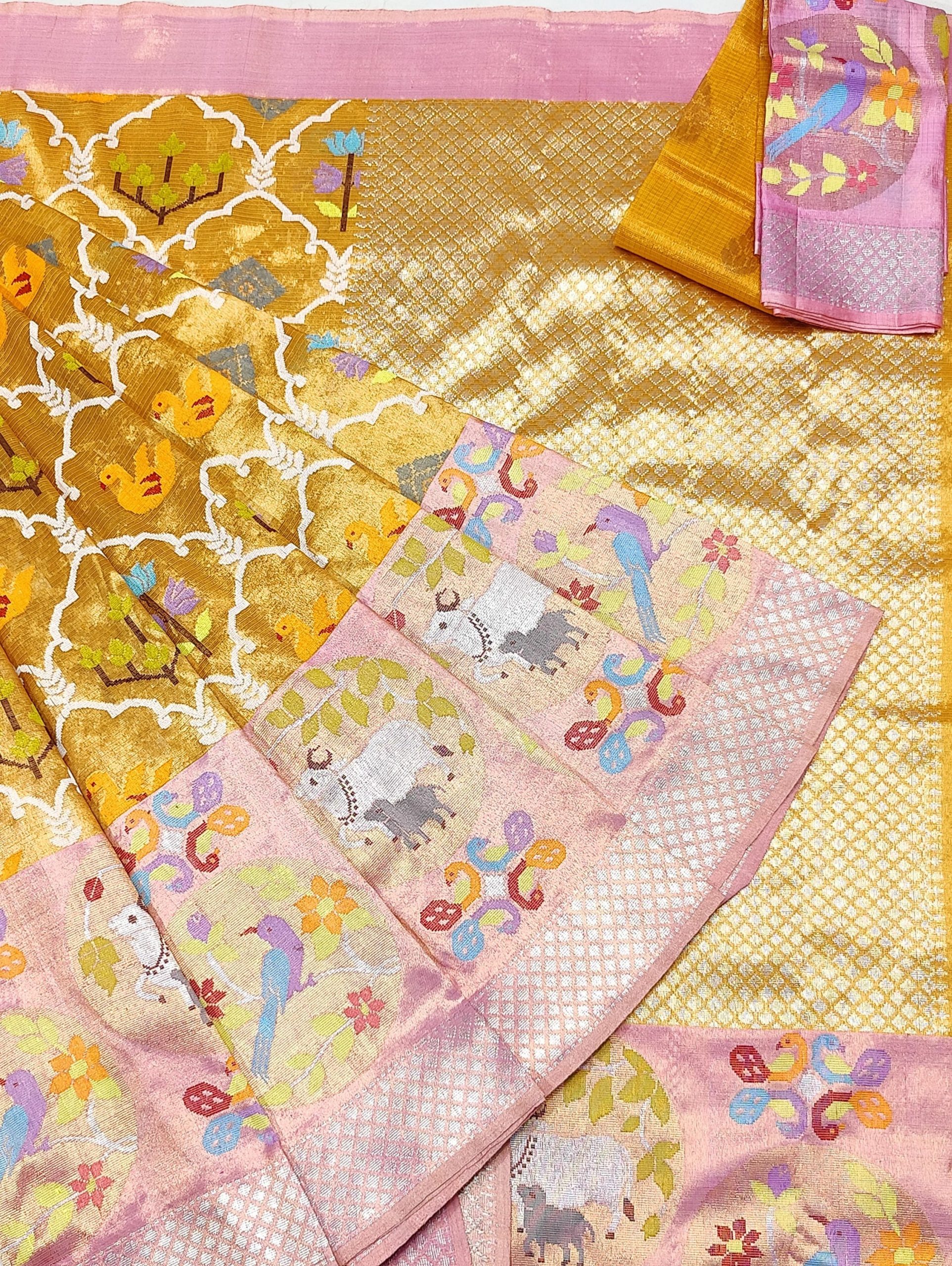 PURE GOLD DUBBLE TISSUE BIG PAITHANI BORDER WITH ALL OVER JAAL ZARIKOTA HANDLOOM SAREE_T-454