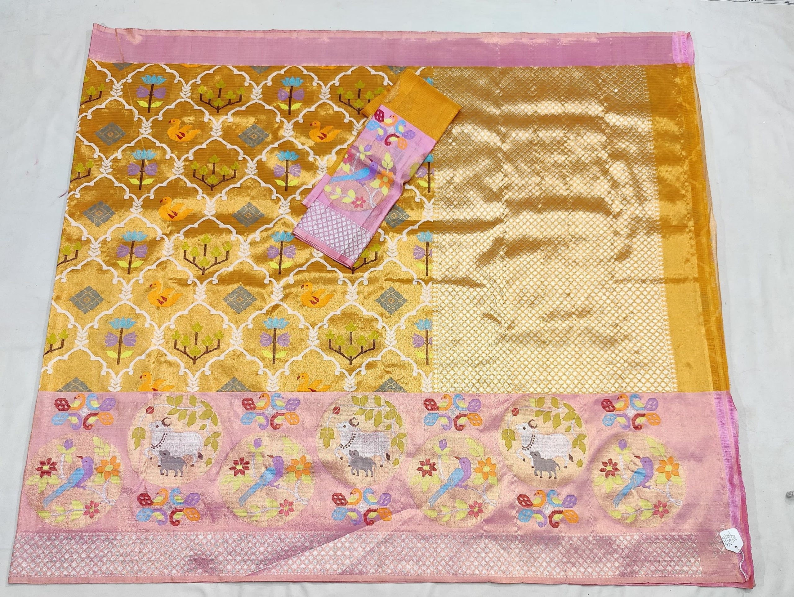 PURE GOLD DUBBLE TISSUE BIG PAITHANI BORDER WITH ALL OVER JAAL ZARIKOTA HANDLOOM SAREE_T-454 - Image 4