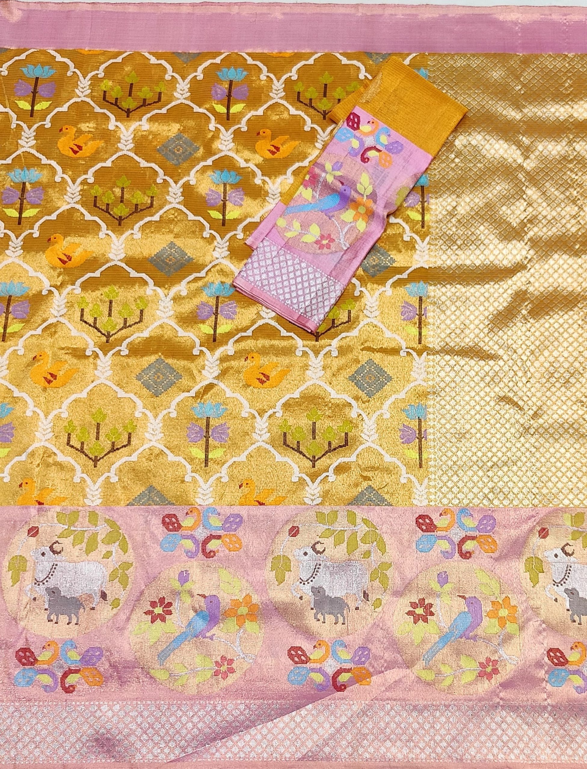 PURE GOLD DUBBLE TISSUE BIG PAITHANI BORDER WITH ALL OVER JAAL ZARIKOTA HANDLOOM SAREE_T-454 - Image 3