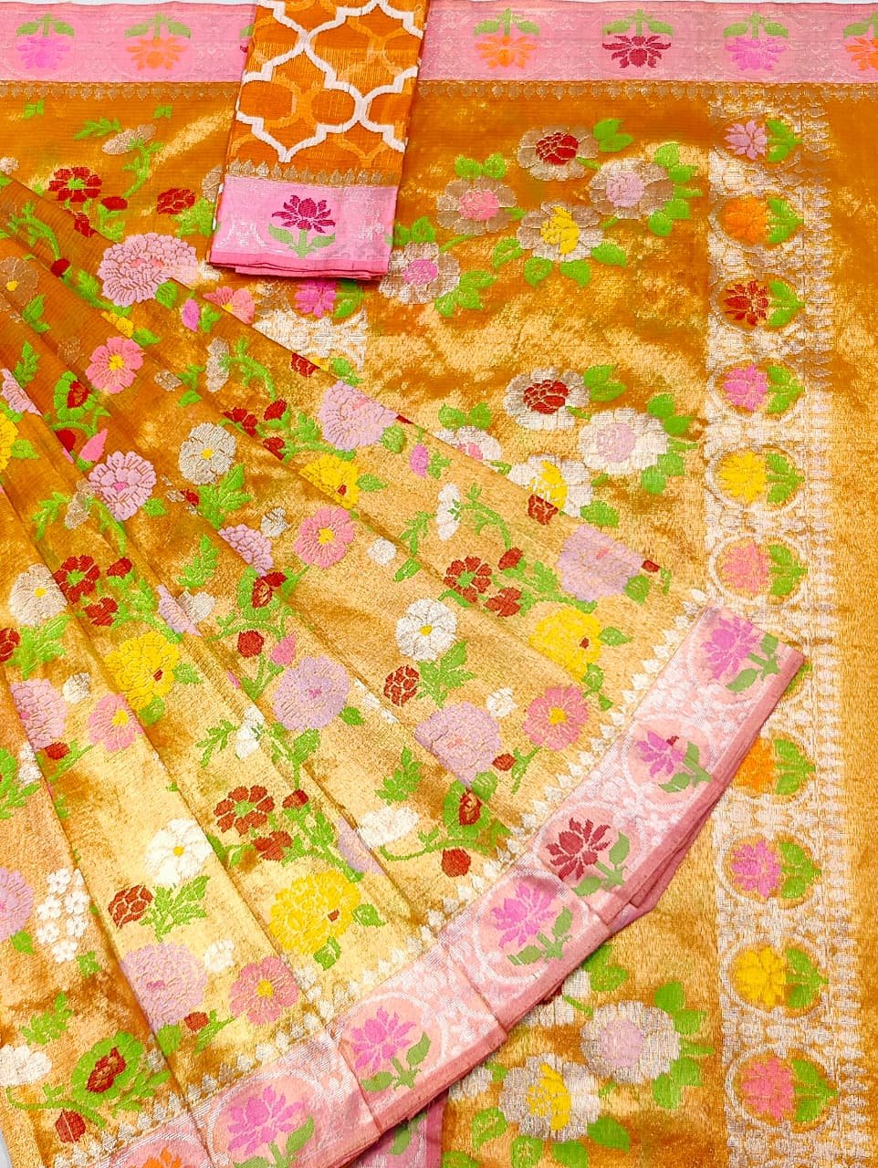 PURE GOLD DUBBLE TISSUE ALL OVER JAAL WITH BOTH SIDES PAITHANI BORDER ZARIKOTA HANDLOOM SAREE_T-455