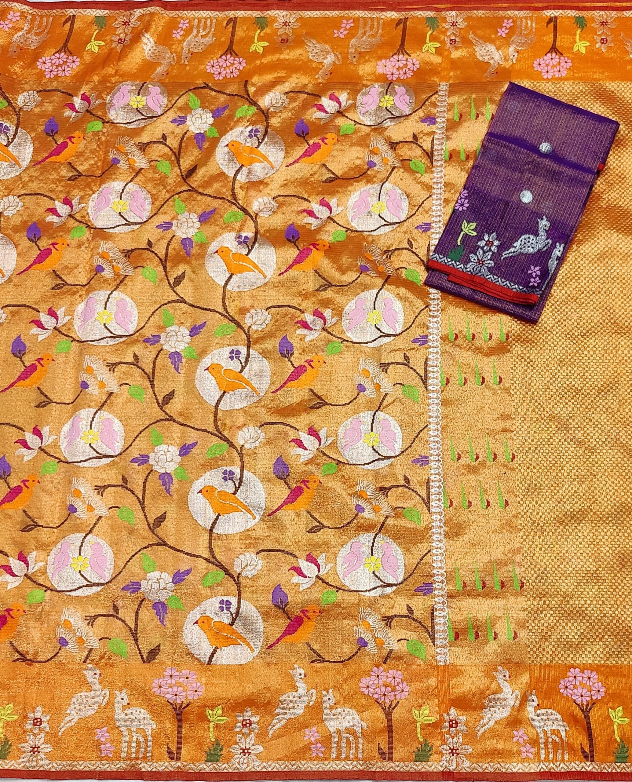 PURE GOLD DUBBLE TISSUE ALL OVER JAAL WITH BOTH SIDE PAITHANI BORDER ZARIKOTA HANDLOOM SAREE_T-468 - Image 3
