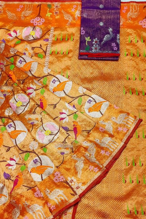 PURE GOLD DUBBLE TISSUE ALL OVER JAAL WITH BOTH SIDE PAITHANI BORDER ZARIKOTA HANDLOOM SAREE_T-468