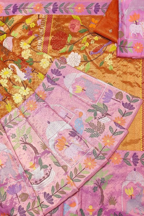 PURE GOLD DUBBLE TISSUE BIG PAITHANI BORDER WITH ALL OVER JAAL ZARIKOTA HANDLOOM SAREE_T-477